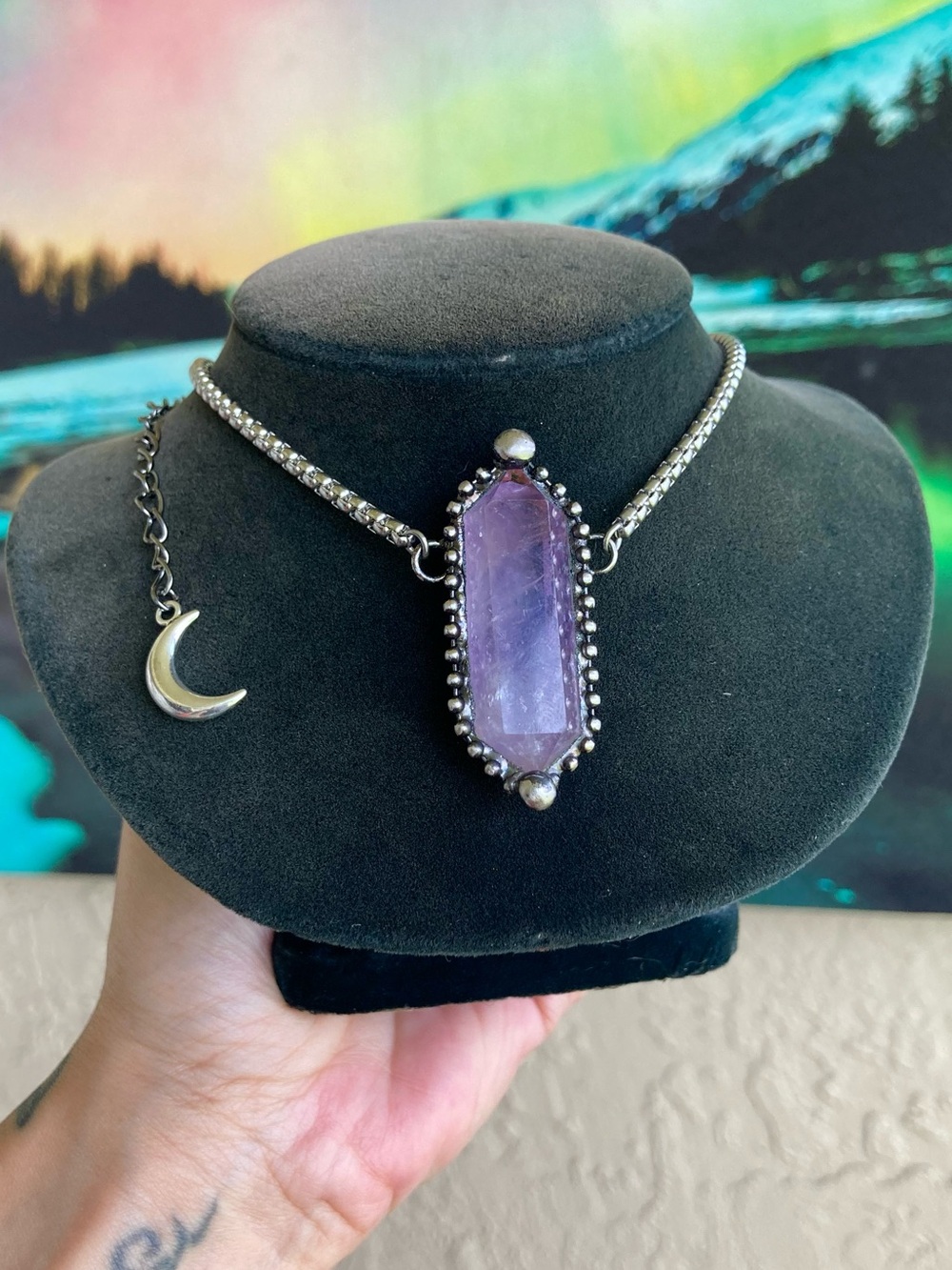 Natural purple amethyst crystal gemstone boho goth moon charm